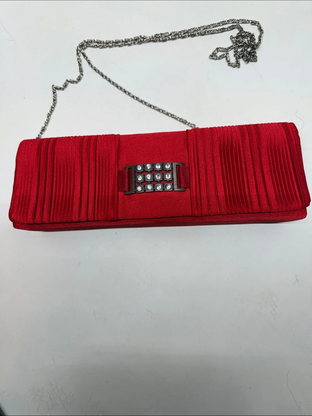 Bijoux Terner Red Pleated Satin Evening Clutch with Rhinestone Clasp